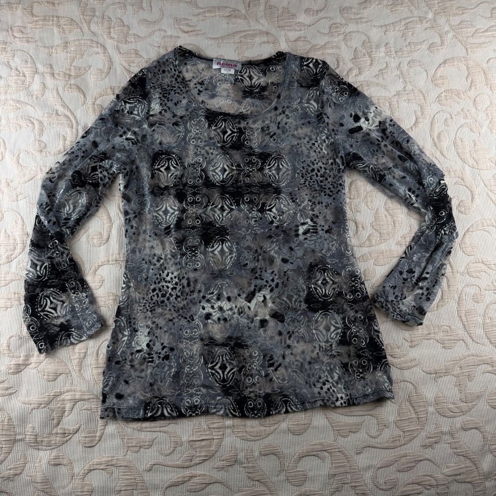 Reina Womens Gray Black Abstract Mesh Long Sleeve Scoop Neck Top T2683 Size 2